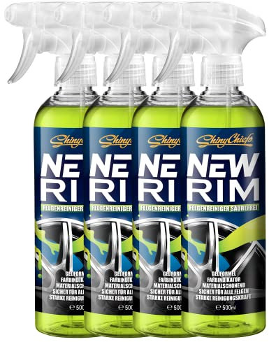 ShinyChiefs NEWRIM - säurefreier Felgenreiniger Sprühflasche mit extremer Lösekraft, gelartiger Kraftreiniger für alle Felgen - selbstständige Felgen-Aktivreinigung mit Farbwechsel, 4x 500ml