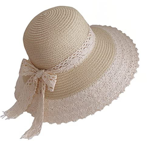 ericotry Faltbarer Strohhut für Damen, UPF 50+, Sommer, Strand, Strohhut, kurze Krempe, aufrollbar, Panama, Fedora-Hut mit Spitzendekoration (beige)