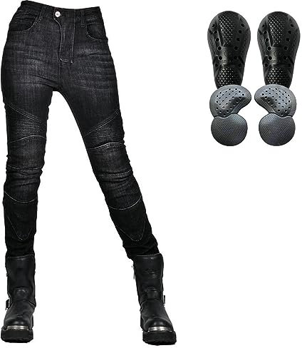 HOMDECR Femme Pantalon Moto, Jeans Moto Imperméable, Respirant, avec 4 Protéger Pads Amovibles (Noir, XL)