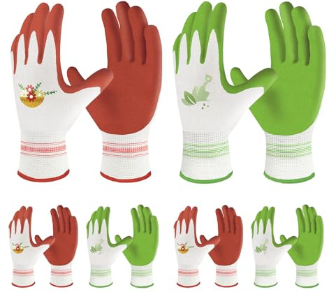Velway 6 Paar Gartenhandschuhe für Frauen - Atmungsaktive PU-beschichtete Gartenarbeitshandschuhe - Outdoor-Schutzhandschuhe mit Griff Garten-Geschenke - Rot & Grün Groß