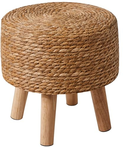 YMYNY Taburete de Madera, Reposapiés Redondo de Algas Naturales con Asiento Tejido a Mano, Puf Suave Tapizado, para Sala de Estar, Dormitorio, 32×32×32CM Color Natural HBD027N