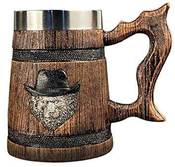 ASEELO Handmade Wooden Barrel Beer Mug/Stainless Steel Beer Cocktail Drink Jug/Rustic Large Capacity Beer Mug/580ML (01)