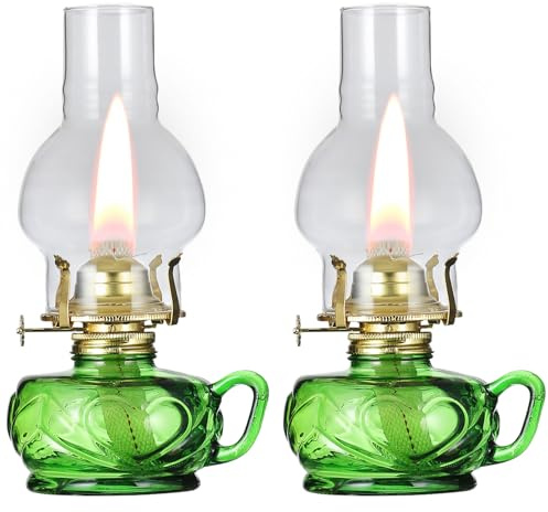 DNRVK 2 Pcs Vintage Large Oil Lamp with Handle Antique Green Glass Kerosene Lamp Lantern Chamber Oil Lamps for Indoor Use Home Decor Classic Old Hurricane Lamp for Emergency Lighting
