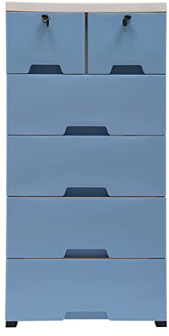 HOARLICN 6-Schublade Kunststoff Kommode Aufbewahrungsschrank, Storage Tower Mit 4 Räde Stapelbare Boden Schrank Kommode Organizer Mit Schloss Für Home Office Schlafzimmer Badezimmer