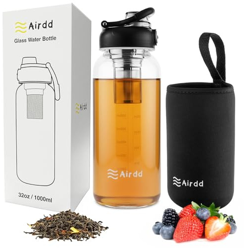Airdd Glass Water Bottle 32oz with Stainless Tea Infuser, BPA-Free, Wide Mouth, Protective Sleeve, Eco-Friendly Borosilicate Glass