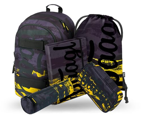 Baagl Schulrucksack Set Mädchen 5-Teilig, Schultasche ab 3. Klasse, Grundschule Ranzen mit Brustgurt, Ergonomischer Schulranzen (Skate Dune)