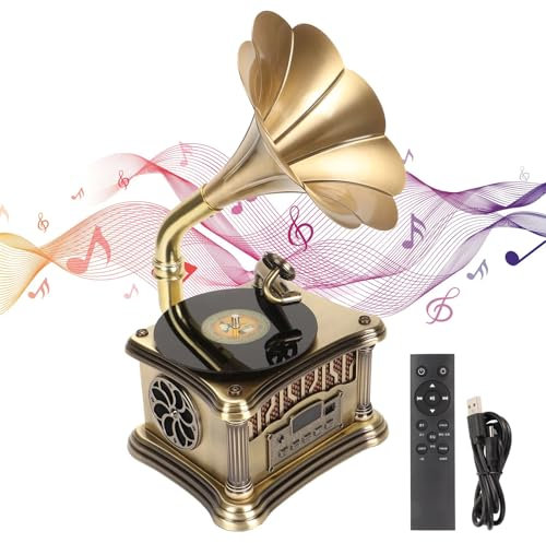 CHANGLKJ Mini Gramophone D'enregistrement, Tourne-Disque Bluetooth Vintage avec Télécommande, Support FM/Bluetooth/USB, Son Stéréo HiFi Et Design Rétro Classique, pour Cadeau, Décoration D'hôtel