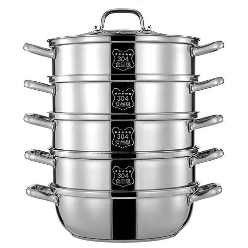 awolsrgiop 28cm Dampfkocher, 5 Etagen Dampfgarer Topf mit Glasabdeckung, Edelstahl Kartoffeldämpfer Dampfgarer Dampftopf Steamer Dicker Boden (Silber, 30cm /12 Zoll)