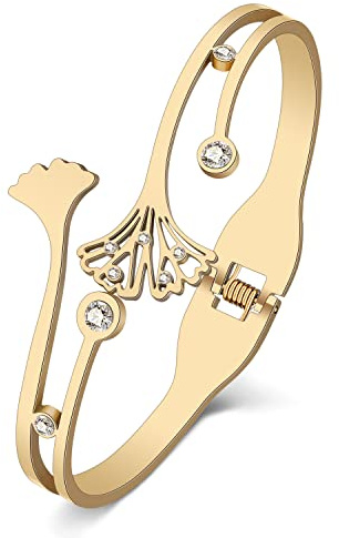 TIZURO Stainless Steel 18K Gold Silver Plated Crystal Fall Ginkgo Leaf Bracelets Autumn Biloba Plants Cuff Bangle Birthday Jewelry For Women Friendship Charms Gifts (Gold)