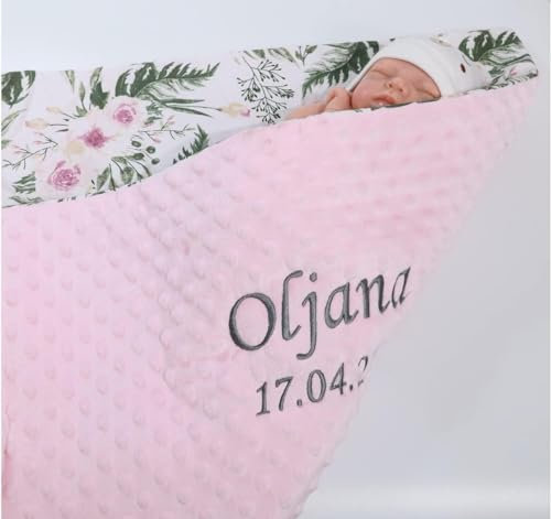 Generisch ★ Babydecke mit Namen und Motiv Bestickt ★ 75x100 cm ★ Baumwolle ★ Füllung ★personalisiert (Hellrosa - Blumen 2, 75 x 100 cm)