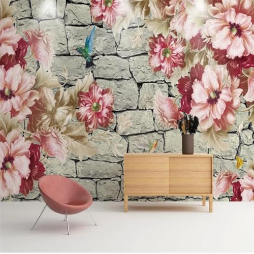 Kitquiver 3D Rote Blumen Wall Painting 3D Grau Ziegel Muster Tapete Wandbild Wohnzimmer Hintergrund Selbst Klebe Wandverkleidung Markt Wallpap 350x245cm