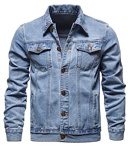 Veste en jean pour homme, veste de camionneur pour homme, robuste, non doublée, veste en jean décontractée avec col à revers, manteau élégant et polyvalent, veste en jean décontractée, bleu ciel, M