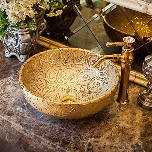 CCYENG Lavabo de baño, Lavabo de encimera Jingdezhen, Lavabo de encimera de cerámica artística, Cuenco para Lavabo de baño, Lavabo de baño Dorado, Lavabo de cerámica