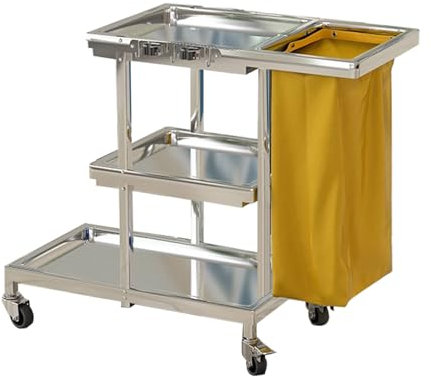 TRGCJGH Profi Reinigungswagen mit extra groß Tasche,3 Ebenen Putzwagen Edelstahl，Hausmeisterwagen Reinigungswagen, mit Müllsack 65L(L,Yellow)