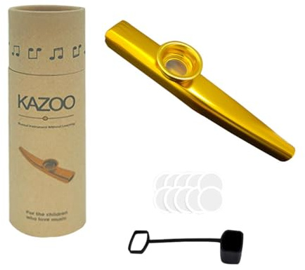 RuiJOTWAT Kazoo aus Aluminiumlegierung mit 10 Kazoo-Flötenmembranen, einer schönen Box und Staubschutzhaube für Musikinstrumente, Ukulele, Gitarrenpartner, Gold