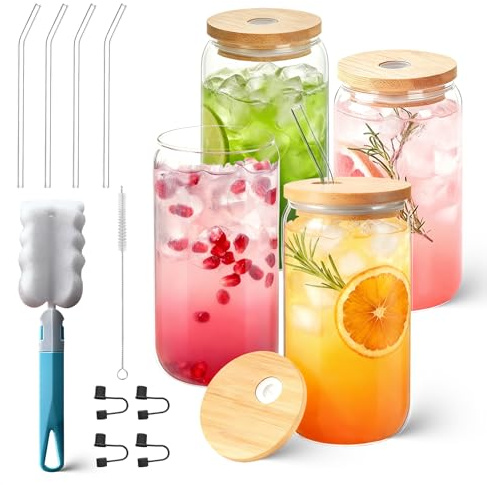 4Pcs Glass Cups with Wooden Lid and Straws, Transparent Iced Coffee Cup Glass Straws with Sponge Brush and Straw Cap, Glasses Cups Set, for Smoothies, Beer, Cola, Juice, Whiskey Soda, Matcha Cup