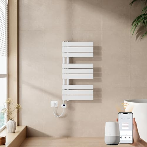 EMKE WiFi Handtuchheizkörper Elektrisch 762x400 mm - Flach Badheizkörper Elektrisch, Elektrischer Handtuchwärmer Handtuchtrockner Handtuchheizung mit Thermostat und Heizstab - 400W, Weiß