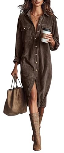 Vestido de pana para mujer, vestido de invierno para mujer, vestido camisero con botones y bolsillos en el pecho, manga larga, vestido informal con cuello y ajuste holgado para uso diario en la