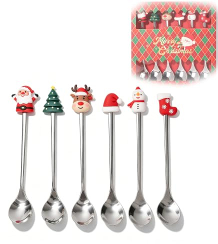Juego de 6 cucharas navideñas, cucharas de té de acero inoxidable, cuchara de café y postre, cuchara agitadora decorativa navideña, cuchara para helado, vajilla creativa, caja de (Plata)