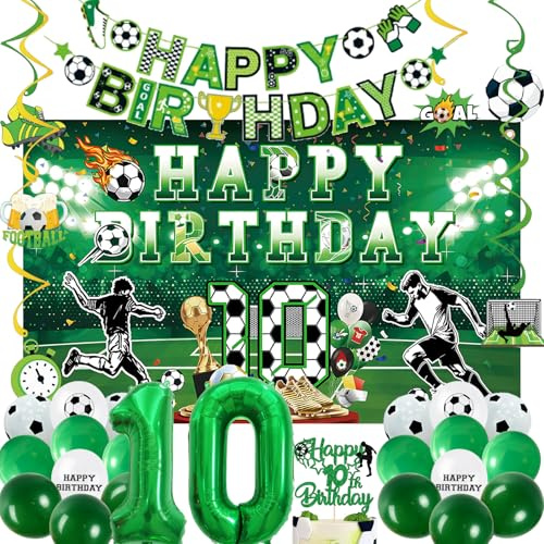 10th Football Theme Birthday Party Decorations - 31pcs Green Soccer Party Supplies with Latex Balloons, Birthday Banner, 32inch Number 10 Foil Balloon, 110x180cm Backdrop, Hanging Swirls for Boy