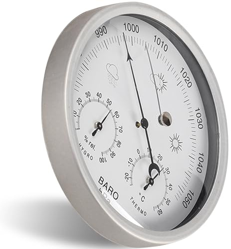Baromètre, jauge météo mécanique de 5, 2 pouces – avec thermomètre et hygromètre pour intérieur et extérieur (argent)