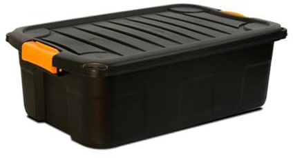 JUANIO Caja de Almacenamiento de Plástico Negra y Naranja con Tapa a Presión 30 L - Largo 60 x Fondo 39 x Altura 20 cm