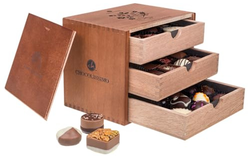 CHOCOLISSIMO - Praline Con Alcol - 30 Praline Raffinate in Scatola di Legno Con Design Floreale - Cioccolatini in Regalo - Pasqua, San Valentino, Festa Della Mamma, Idee Regalo per il Compleanno