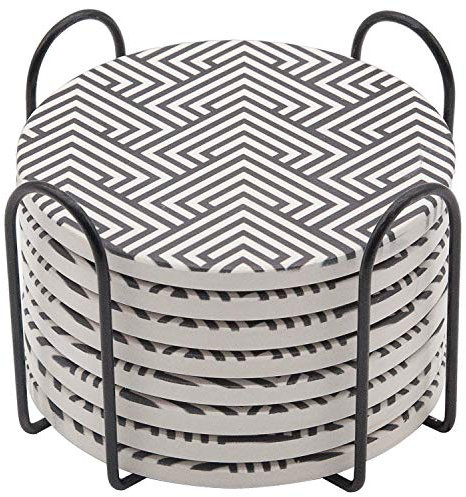 Ceramic Coasters Set of 8, GOH DODD Absorbent Coasters for Drinks Tabletop Protection Home Decor with Metal Holder for Coffee Table Housewarming Gifts Wedding Party, Black and White, Round, 4 Inch