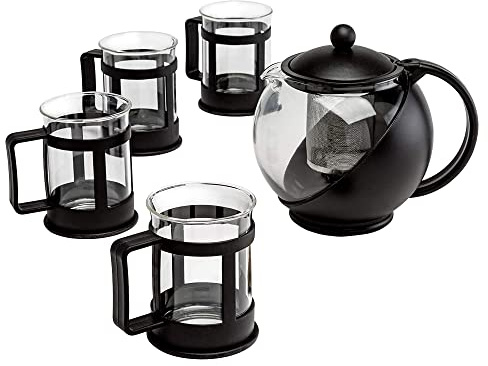 Primula Half Moon Teapot Set with 4 Tea Cups, Removable Stainless Steel Filter and Infuser, Glass Tea Maker, Filter, Dishwasher Safe, 40-Ounce, Tea Gift Set, Tea Set for Service of 4 Adults
