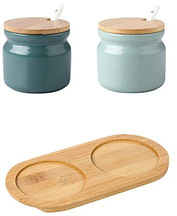 OnePine Juego de 2 Azucarero de cerámica, 300ml contenedores para Especias azúcar Pot con Tapa de bambú y Cuchara, perfecto para el hogar y la cocina