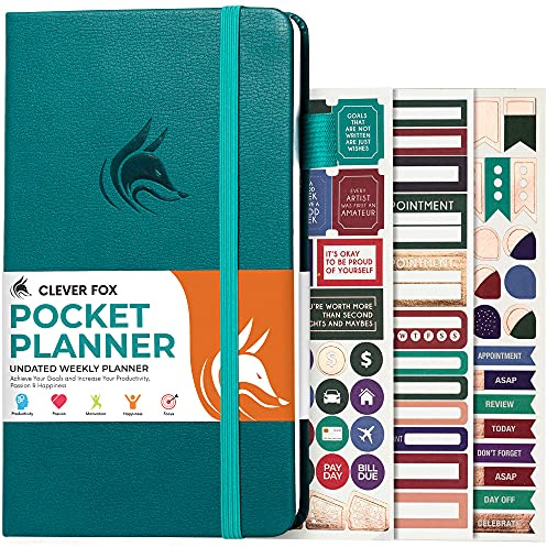 Clever Fox Pocket Weekly – Odaterad månatlig målplanerare och kalender, miniplanerare perfekt för handväska, 10 x 17,5 cm (mörk blågrön)