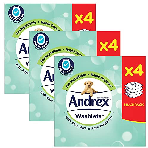 3 x 4 pack Washlets Fragrance FREE Moist Toilet Tissue Flushable Biogradable Cleaning Wipes