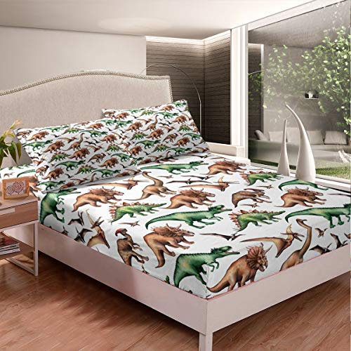 Loussiesd Juego de cama de dinosaurio para niñas y niños, con animales de la selva, juego de sábanas decorativas en 3D, sábana bajera ajustable, funda de cama de vida salvaje, tamaño doble, 3 unidades