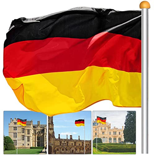 Jiubiaz Fahnenmast Aluminium Teleskop 6,50m, Fahnenstange Bodenhülse 50cm, inkl Deutschlandfahne, Höhenverstellbar Garten Flaggenmast, Mast Deutschland Flagge Alu, Rostfreies, Silber