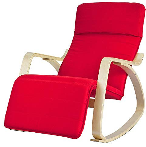 SoBuy FST16-R Neu-Schaukelstuhl 5-Fach Relaxsessel verstellbares Fussteil Schwingsessel Birkenholz Belastbarkeit 150kg Rot