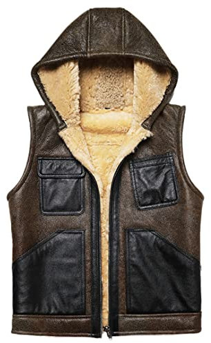 Kapuze Shearling Wolle Fell Schaffell Naturl Echtleder Weste Herren Dicke Ärmellose Jacke Mann Schaf Kleidung Warme Weste Kastanienbraun XXL