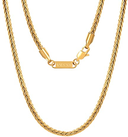 VEXXS Foxtail Gold Chain, 18K Real Gold Plated, Men’s Curb Chain Necklace, Durable No Color Fading, 3mm, Urban Fashion Street Wear