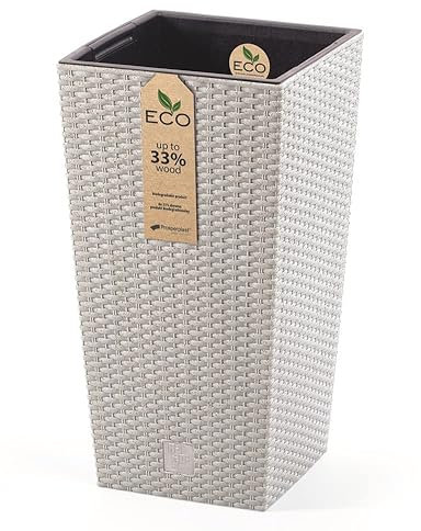BirnePower Blumenkübel Blumentopf Pflanzkübel ECO Wood Blumenkasten Quadrat Rattan Optik Höhe 55cm mit Pflanzeinsatz (Weiß Rattan)