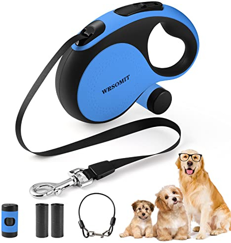 WRSOMIT Retractable Dog Leash with Chew Proof Cable, 26Ft Heavy Duty Dog Leash for Medium Large Dogs up to 110lbs, 360° No Tangle, One-Handed Brake (Blue, Large - 26ft)