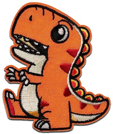 Mono-Quick Dino Orange Aufnäher zum Aufbügeln 7,2 x 6 cm Bügelbild für Kinder Mädchen mit Wildtier Action, Bügelpatch Patches Bügelflicken