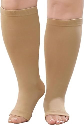 LOFIR Medizinische Kompressionsstrümpfe für Damen Herren: Offene Zehen Kniehohe Dicke Waden Übergröße Stützstrümpfe Feste 20-30 mmHg Klasse 2 Gradienten Compression Socks Schwarz Hautfarbe 1Paar