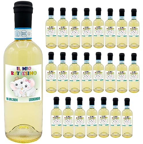 24 bottiglie mignon personalizzate di vino bianco (0.25L) perfetto per bomboniere per battesimo (Elefantino)