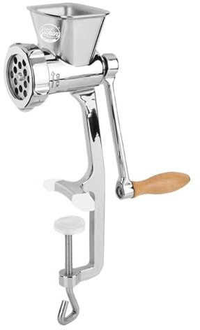 Kitchen Professionals Handfleischwolf aus hochwertigem Edelstahl mit 4 Lochscheiben, Spritzgebäckvorsatz & Wurstfüllrohr, ideal für Fleisch und Gemüse