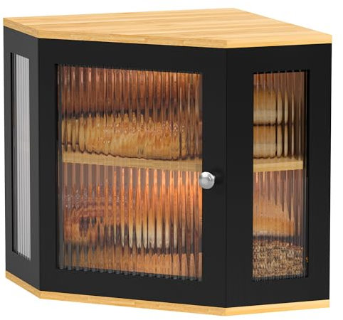 EXABANG Corner Bamboo Bread Bin Bread Storage Box with 2 Levels, Wooden Bread Container Bread Storage Food Safe Easy Care Bread Box 32 x 32 x 35 cm