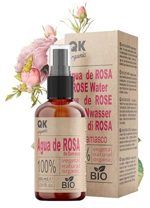 QKnatur - Acqua alle Rose Damascena Biologica 100ml - Tonico Viso Puro e Naturale al 100% - Viso, Contorno Occhi, Corpo, Capelli - Flacone in Vetro con Spray