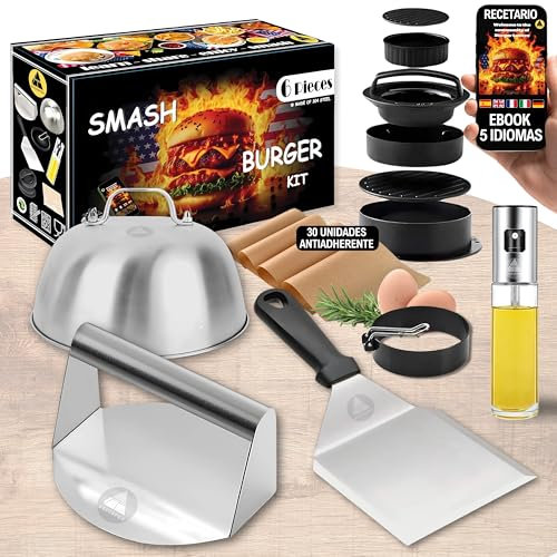 Smash Burger Set aus Edelstahl – Profi Grillzubehör mit Smasher, Smash Burgerpresse, Schmelzhaube, Spatel, Ölsprüher, Eier-Ring und Rezept-eBook – Komplettes Set für perfekte Burger