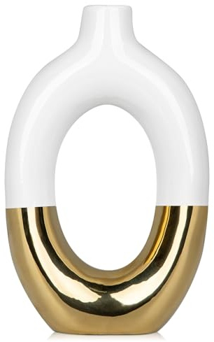 Hollyone Keramikvase, Weiß Gold Vase für Heimdeko, Hohle Design Donut Keramik Vasen, Dekorative Blumenvase, Moderne Vase für Trockenblumen, Schlafzimmer, Wohnzimmer, Tischdeko