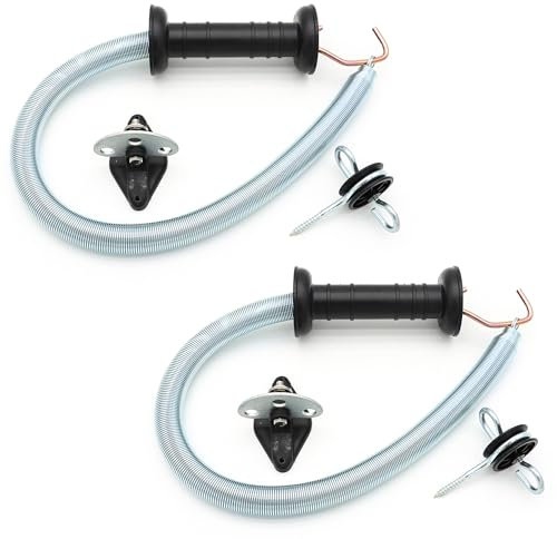 Electric Fence Spring Gate Handles Kit, Dual Ring Electric Fence Insulators for Wooden Post, Electric Fence Handle Set with Anchors,16-Feet Tension Spring, Black (2)
