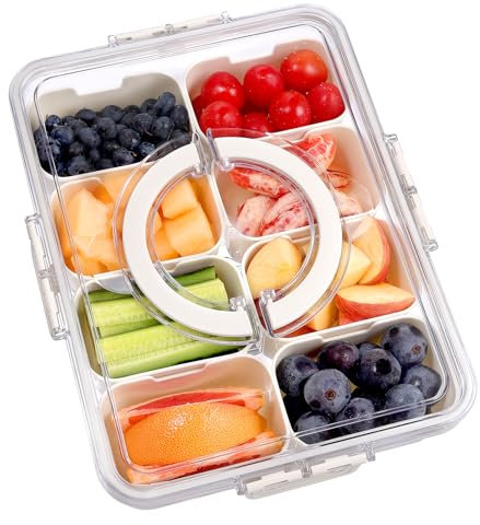 Zeawavsl Snackbox mit Fächern, Snackteller mit Griff und 8 Fächern, Snackteller mit Deckel, Kunststoff Aufbewahrungsbox für Snacks und Dips, Organizer für Süßigkeiten, Nüsse, Obst