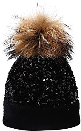 Trappermütze mit Flagge, Damen, Outdoor, warm, gestrickt, Waschbär, Pailletten, Ohrenhut, Wintermütze, Trappermütze, Leder, Bk1, Einheitsgröße